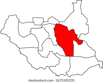 A vector map of South Sudan highlighting the Jonglei state. Ideal for geographical, environmental, and humanitarian reports and presentations.

