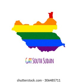 Vector map of South Sudan in LGBT (lesbian, gay, bisexual, and transgender) flag colors and GAY South Sudan caption on white background. Rainbow flag with denim textile texture.
