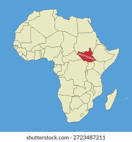 Mapa vetorial do Sudão do Sul, ilustração silhueta do mapa vetorial isolado no mapa da África. Estado do continente africano