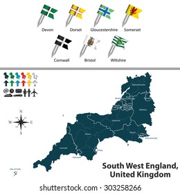 Vector map of South West England, United Kingdom with regions and flags