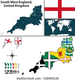 Vector map of South West England, United Kingdom with regions and flags