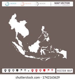 Vector map of Southeast Asia Brown background and pins icon.