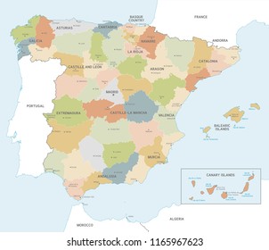 Vector Map of Spain with Administrative borders, City and Region Names and international bordering countries in soft colors palette