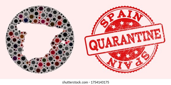 Vector map of Spain collage of covid-2019 virus and red grunge quarantine seal. Infection cells attack the isolated territory from outside.