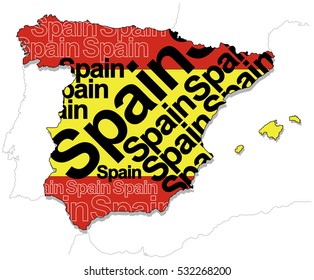 A vector map of Spain composed of the country name and the colors of the national flag. 