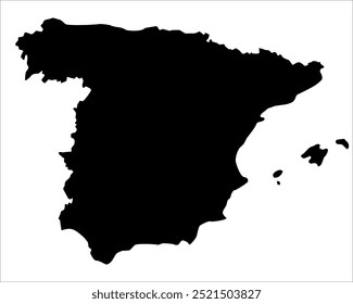 Mapa vetorial da Espanha, um país no sul da Europa. Silhueta preta detalhada, isolada no fundo branco.