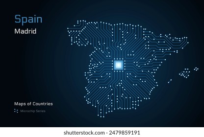 A vector map of Spain created from a microchip pattern, with the capital Madrid depicted as a microchip