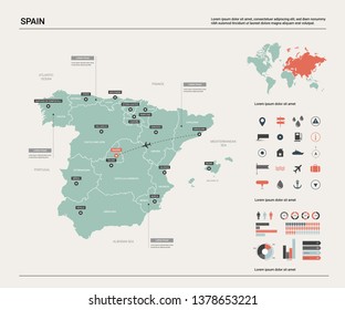 Vector map of Spain. High detailed country map with division, cities and capital Madrid. Political map,  world map, infographic elements. 