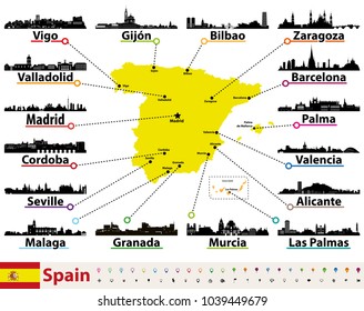 vector map of Spain with largest cities skylines silhouettes vector map of Spain with largest cities skylines silhouettes