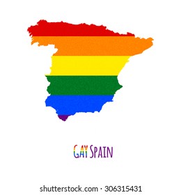 Vector map of Spain in LGBT (lesbian, gay, bisexual, and transgender) flag colors and GAY Spain caption on white background. Rainbow flag with denim textile texture.