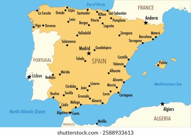 Vector Map of Spain with Major Cities and Neighboring Countries – Infographic Illustration