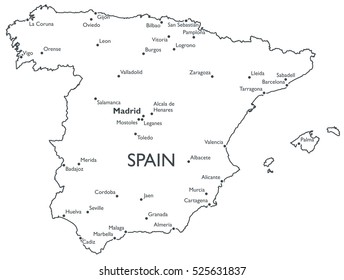 Vector map of Spain | Monochrome contour map with city names