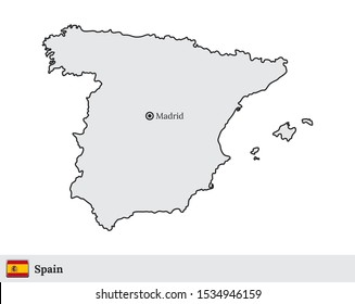 Vector map of Spain with national flag and marked capital city of Madrid