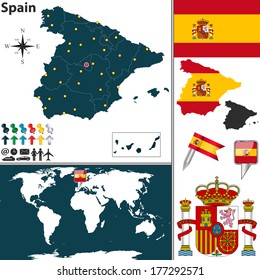 Vector map of Spain with regions, coat of arms and location on world map