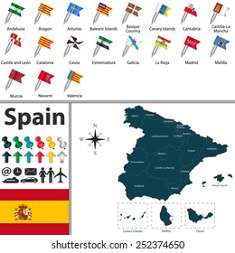 Vector map of Spain with regions with flags