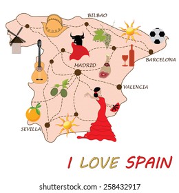 Vector map of Spain with a set of objects