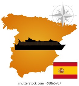 Vector map of  Spain  with a silhouette of the ship and the flag