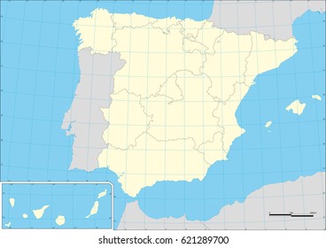 Vector map of Spain with their autonomous communities with graticule. Elements of this image furnished by NASA