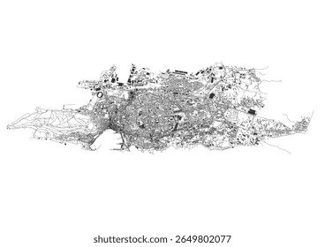  Vector map of Split, Croatia, highlighting highways and buildings. Displays the urban road networks and structural layout of the city.