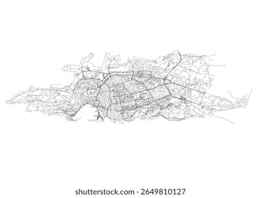 Vector map of Split, Croatia, highlighting its main highways. Displays the city's overall road network, key transportation routes, and connections. Provides a clear overview of the essential vehicular