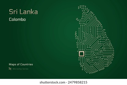 A vector map of Sri Lanka created from a microchip pattern, with the capital Colombo depicted as a microchip