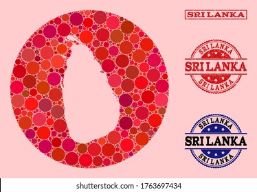 Mapa vectorial del mosaico de puntos redondos y sello de marca de agua roja de Sri Lanka. Mapa redondo de la resta del collage de Sri Lanka creado con círculos de diferentes tamaños y tintes de color rojo.