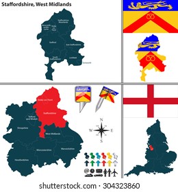 Vector map of Staffordshire in West Midlands, United Kingdom with regions and flags