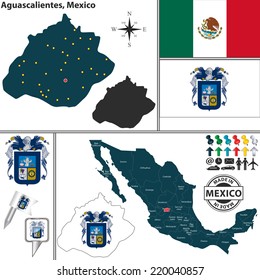 Vector map of state Aguascalientes with coat of arms and location on Mexico map