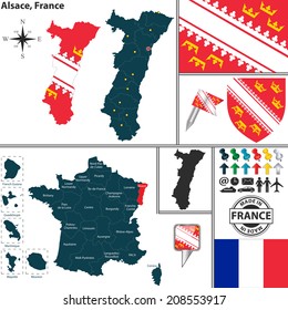 Vector map of state Alsace with coat of arms and location on France map