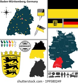 Vector map of state Baden-Wurttemberg with coat of arms and location on Germany map