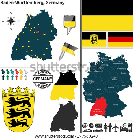Vector map of state Baden-Wurttemberg with coat of arms and location on Germany map