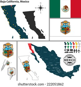 Vector map of state Baja California with coat of arms and location on Mexico map