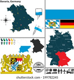 Vector map of state Bavaria with coat of arms and location on Germany map