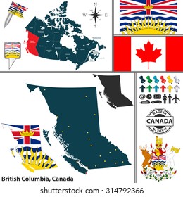 Vector map of state British Columbia with coat of arms and location on Canadian map