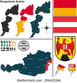 Vector map of state Burgenland with coat of arms and location on Austrian map