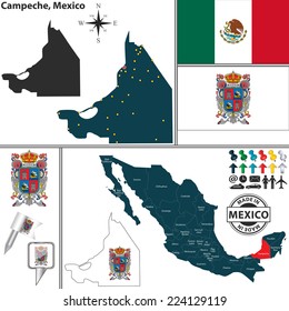 Vector map of state Campeche with coat of arms and location on Mexico map