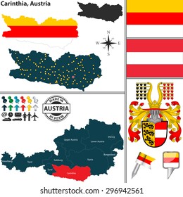 Vector map of state Carinthia with coat of arms and location on Austrian map