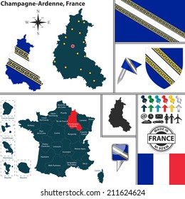 Vector map of state Champagne-Ardenne with coat of arms and location on France map