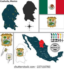 Vector map of state Coahuila with coat of arms and location on Mexico map