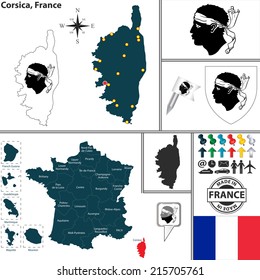 Vector map of state Corsica with coat of arms and location on France map