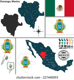 Vector map of state Durango with coat of arms and location on Mexico map