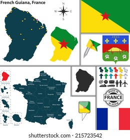 Vector map of state French Guiana with coat of arms