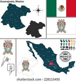 Vector map of state Guanajuato with coat of arms and location on Mexico map