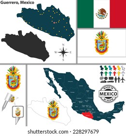 Vector map of state Guerrero with coat of arms and location on Mexico map