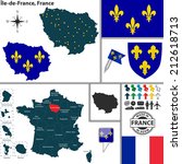 Vector map of state Ile-de-France with coat of arms and location on France map
