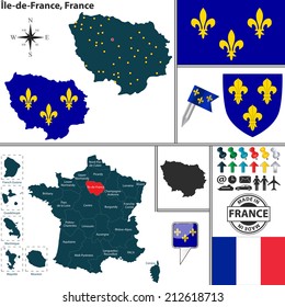 Vector map of state Ile-de-France with coat of arms and location on France map