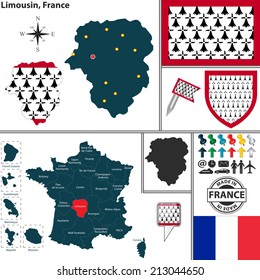 Vector map of state Limousin with coat of arms and location on France map