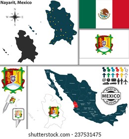 Vector map of state Nayarit with coat of arms and location on Mexico map