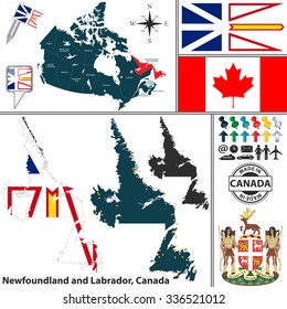 Vector map of state Newfoundland and Labrador with coat of arms and location on Canadian map