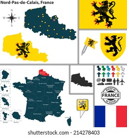 Vector map of state Nord-Pas-de-Calais with coat of arms and location on France map